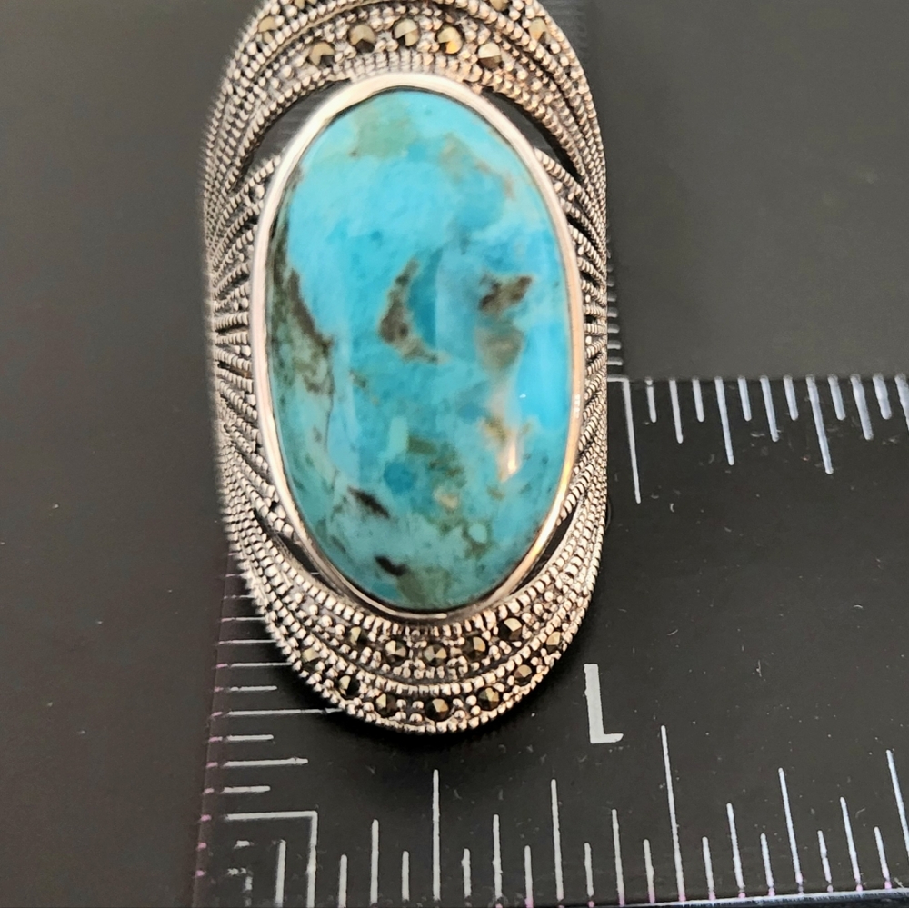 Sterling silver oval turquoise and marcasite‎ ring - Picture 2 of 6